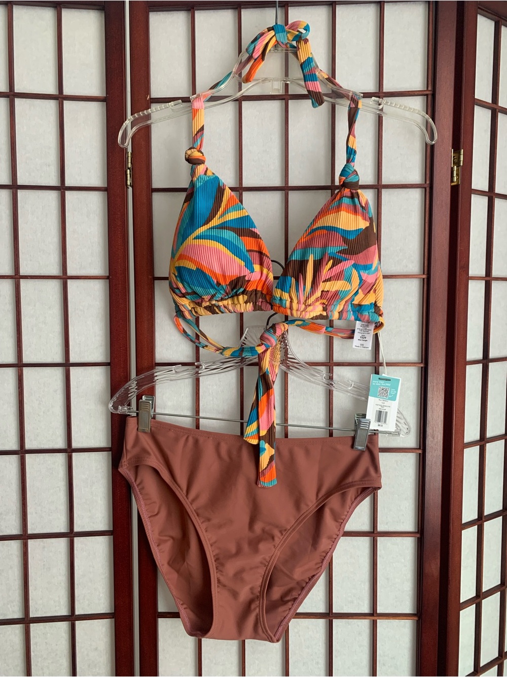 NWT Swim Systems Multi Brown/Yellow/Blue Halter Top Bikini Size XL with DD Cup